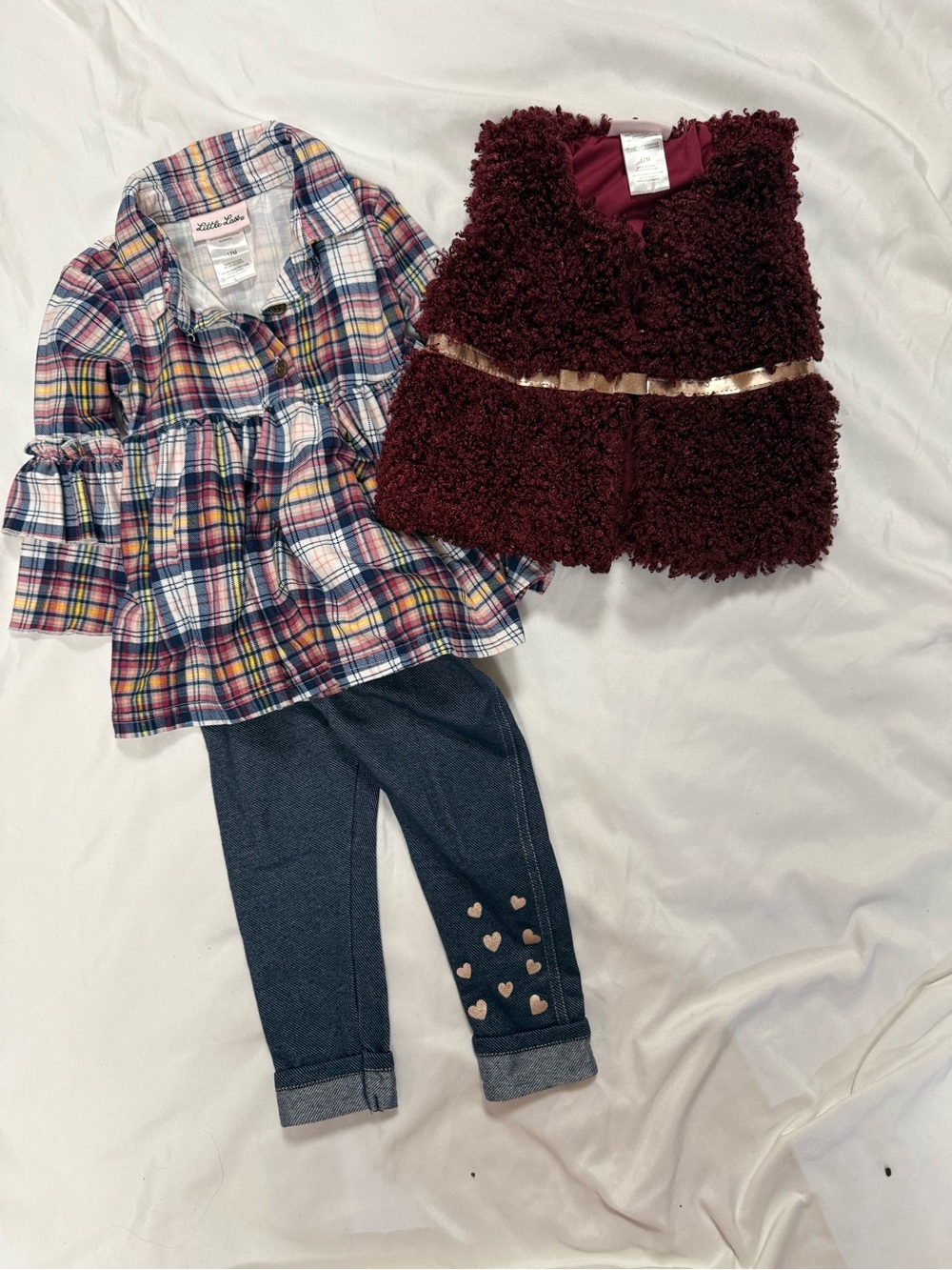Little Lass Girls Plaid Top, Burgundy Faux Fur Vest, Navy Leggings Set
